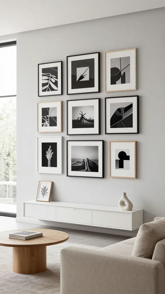 A high-quality, professional interior photograph of a modern, minimalist living room. The focal point is a meticulously curated gallery wall featuring a diverse collection of framed art in various sizes and styles, predominantly black and white photography and abstract prints, against a clean, light gray wall. Below the gallery wall, a low-profile, wall-mounted IKEA BESTÅ TV bench in matte white provides subtle, integrated storage. Flanking or subtly integrated within the gallery, two slim IKEA LACK wall shelves in white display a small, framed botanical print and a minimalist ceramic sculpture. A simple, light beige fabric sofa with clean lines faces the gallery wall, accompanied by a round, light wood coffee table holding a single design book. The room is bathed in abundant natural light from a large window, creating a bright and airy atmosphere. The overall aesthetic is sophisticated and art-focused, with a neutral color palette of whites, grays, and natural wood tones, ensuring the art collection is the undisputed star.