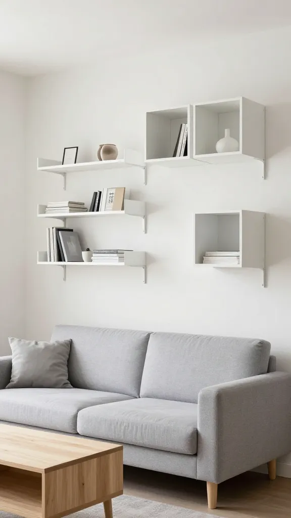 A realistic, high-quality photo of a small, designer-approved living room, showcasing clever space-saving IKEA storage. The room features a bright, light color palette with soft off-white walls and a compact, light grey fabric sofa. Above the sofa, a series of three white IKEA LACK wall shelves are neatly installed, displaying minimalist decor and a few artfully arranged books. On an adjacent wall, a dynamic arrangement of white IKEA EKET storage cubes is mounted directly to the wall, two horizontally aligned above one vertically oriented, providing functional storage without occupying floor space. A sleek, light wood coffee table with subtle integrated storage sits in front of the sofa. The overall aesthetic is clean, functional, and incredibly chic, with ample natural light making the small space feel larger and more open.