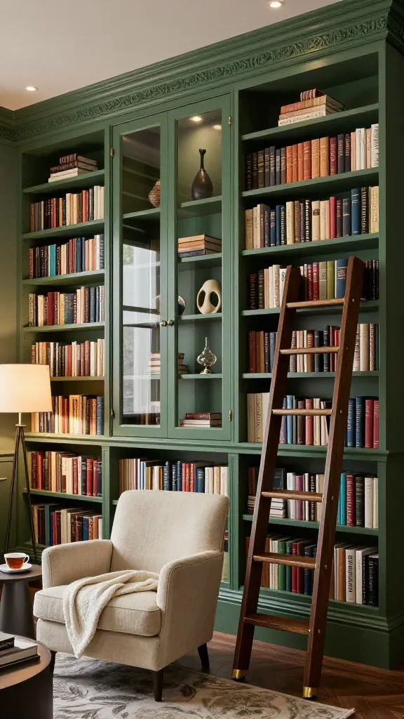 A high-resolution, professional interior photograph of a sophisticated living room featuring a dramatic, custom-looking library wall as the focal point. This floor-to-ceiling library is meticulously crafted from hacked IKEA BILLY bookcases, seamlessly joined, painted in a rich, deep sage green, and enhanced with elegant decorative trim and crown molding to create a built-in, bespoke appearance. Several sections integrate IKEA BILLY OXBERG glass doors, beautifully displaying curated decorative objects and cherished hardback books, while other open shelves are densely packed with a diverse collection of literature. A sleek, dark wood rolling library ladder with brass accents is positioned along the wall on a minimalist rail, adding a classic touch. In front of a section of the library, a plush, inviting cream-colored linen armchair with a soft throw blanket and a small, modern side table with a cup of tea awaits. Warm, ambient lighting from recessed ceiling lights and a stylish floor lamp casts a cozy glow, highlighting the intricate details and rich textures of the books and custom millwork. The scene exudes intellectual comfort and designer-approved elegance.