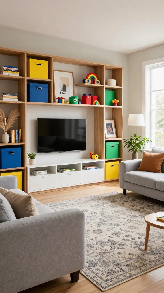 A high-quality, realistic photograph of a stylish and inviting family living room, perfectly balancing adult aesthetics with kid-friendly functionality. The focal point is a large, light wood KALLAX shelving unit (e.g., 4x4 or 5x5) along a neutral-toned wall, showcasing a mix of vibrant, colorful DRÖNA storage boxes (yellow, blue, red, green) filled with neatly organized toys, alongside open shelves displaying sophisticated adult decor like a stack of art books, a small ceramic vase with dried pampas grass, and a framed abstract print. Below a wall-mounted television, a low, durable white BESTÅ TV bench provides sleek media storage, with a few child-friendly books peeking from a drawer. A comfortable, large sectional sofa upholstered in a washable, light grey performance fabric with soft throw pillows faces the TV and KALLAX. A plush, patterned area rug in muted tones defines the central seating area. Natural light streams in from a large window, illuminating the space, complemented by a modern floor lamp. Scattered artfully are a few resilient house plants. The overall impression is tidy, warm, and ready for both sophisticated relaxation and playful family activity, with no text.