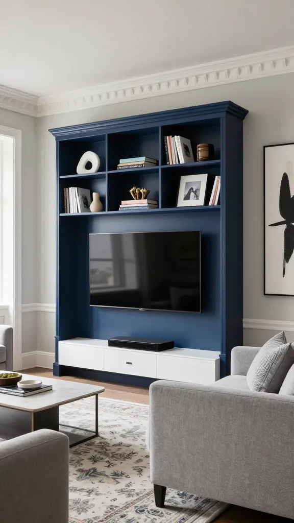 A high-resolution, professional interior photograph of a sophisticated transitional living room. The focal point is an elegantly styled dark blue LOMMARP bookcase, displaying a curated mix of classic books, modern art objects, and framed photographs. Below a sleek, wall-mounted television, a low-profile white BESTÅ TV bench provides a clean, modern base. The room features crisp crown molding along the ceiling and is anchored by a subtly patterned traditional rug. A clean-lined, light gray sofa with textured throw pillows sits comfortably, complemented by a modern coffee table. Large, contemporary abstract art adorns an adjacent wall. Soft, diffused natural light streams in through a window, illuminating the refined balance between traditional charm and modern sophistication. No text.