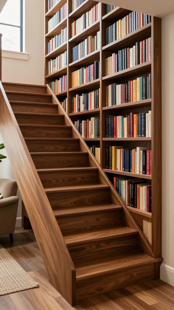 High-quality, realistic photo of a sophisticated, space-saving library staircase in a cozy living room. The staircase features wide, solid treads made of rich, warm walnut wood, each with a subtle integrated lip creating a perfect shallow shelf for books. The enclosed risers seamlessly connect to a continuous, floor-to-ceiling bookshelf integrated along the adjacent wall, accessible as one ascends. The shelves are filled with a diverse collection of books, creating a personal literary haven. Soft, inviting natural light streams in from a nearby window, illuminating the intricate wood grain and the vibrant book spines. A comfortable, classic armchair and a woven rug are subtly visible at the base of the stairs, hinting at a perfect reading nook. No text on image.