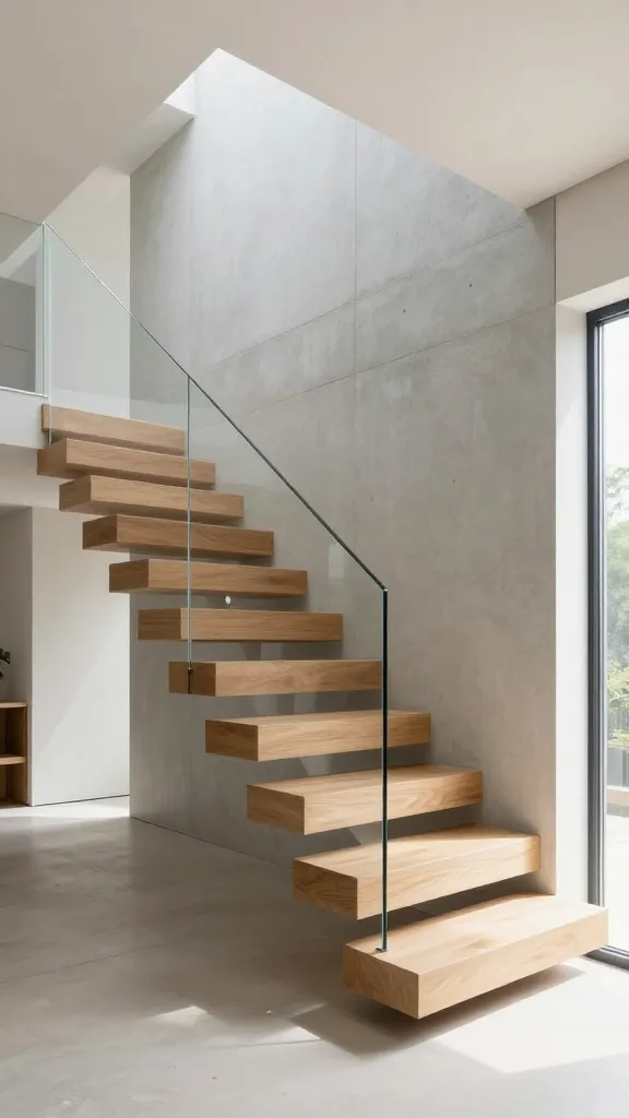 A wide, interior architectural shot showing a stunning, modern minimalist floating staircase in a bright, open-plan tiny home. The thick treads are crafted from light-colored, polished oak, appearing to effortlessly float out from a smooth, light grey polished concrete wall, with no visible risers or supports. A sleek, almost invisible frameless glass railing provides safety without obstructing the view or light. Abundant natural light streams into the space, highlighting the clean lines and casting soft shadows, emphasizing the illusion of lightness and spaciousness. The surrounding interior is uncluttered, featuring light walls and minimalist decor, enhancing the airy, expansive feel of the compact living area. Realistic photo, high detail, contemporary design.