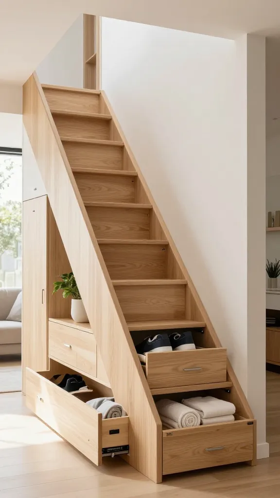 A realistic, high-quality photograph of a clever, space-saving staircase in a modern tiny home. The staircase, crafted from light, natural wood with a clean, minimalist design, functions as the ultimate storage solution. Several steps are partially open, revealing deep, pull-out drawers with sleek, integrated handles, showcasing neatly organized items like a pair of stylish sneakers and rolled towels. Other steps feature lift-up lids, slightly ajar, hinting at spacious hidden compartments below. Along the side of the staircase, flush-mounted cabinets with push-latch mechanisms are visible, some slightly open to display larger items or seasonal decor, alongside a small, open niche with a decorative plant. The entire structure is seamlessly integrated into a bright, airy living area, illuminated by soft, natural light streaming in from a large window, emphasizing its functionality and elegant design. The scene is clean and uncluttered, highlighting the ingenious use of every inch.