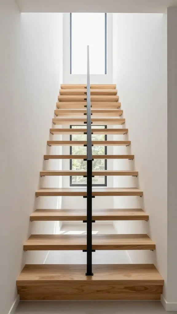 A realistic, high-resolution interior design photograph capturing a modern, space-saving alternating tread staircase. The staircase, crafted from light-toned wood treads and supported by a sleek, minimalist black metal central stringer, ascends at a very steep angle towards a bright loft. The half-width steps are clearly visible, alternating left and right, showcasing its clever design for maximum vertical efficiency in a tiny home setting. It is situated in a contemporary, minimalist interior with clean white walls and abundant natural light streaming in from a large window, creating a functional yet stylish focal point.