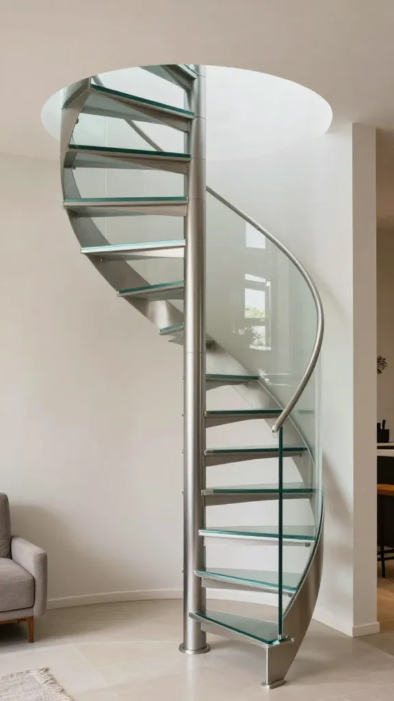 A high-resolution, professional architectural photograph showcasing an elegant, space-saving spiral staircase within a modern tiny home interior. The staircase, a sculptural focal point, features polished steel framing and clear glass treads, gracefully winding around a central pole in a compact corner. Bright natural light illuminates the sleek materials, emphasizing its sophisticated design. The surrounding minimalist decor includes light-toned walls and carefully chosen, compact modern furnishings, illustrating perfect integration into a small, upscale living space. Realistic, high detail, no text.
