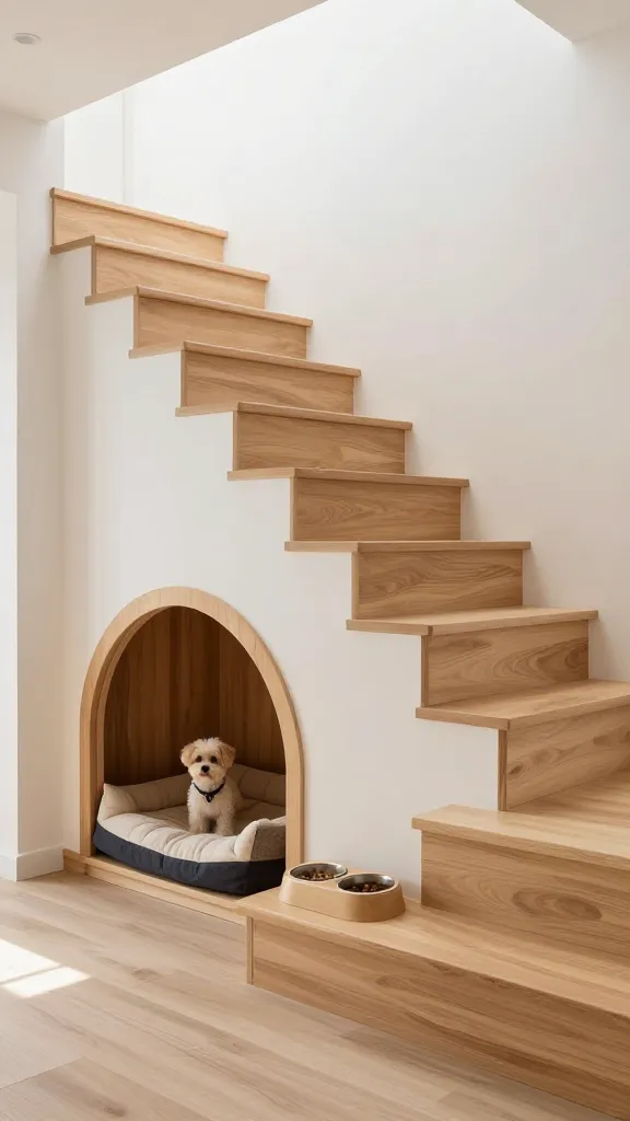A high-quality, realistic photograph of a bright, modern living space. The focal point is a sleek, space-saving staircase with open risers and natural wood treads, integrated seamlessly into the room's design. Beneath the lowest steps, a custom-built pet nook is visible, designed as a cozy haven for a small dog. It features a charming arched entrance crafted from natural wood, matching the staircase materials. Inside the nook, a plush, soft pet bed is neatly placed, accompanied by built-in, integrated food and water bowls. Abundant natural light illuminates the scene, emphasizing the clever use of space and the harmonious, high-end aesthetic. No text.