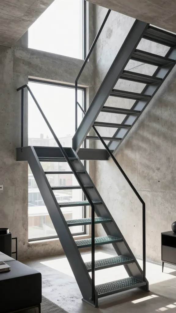 A high-definition, realistic photograph showcasing a sophisticated industrial-style tiny home interior. The focal point is a sleek, space-saving staircase constructed from dark grey expanded metal grate, its transparent treads allowing abundant natural light to stream through and preventing any visual obstruction in the compact living area. The staircase is paired with a minimalist matte black steel handrail, subtly integrated into a raw exposed concrete wall. Sunlight from a large window illuminates the airy, open feel, highlighting the raw, edgy aesthetic of the urban dwelling. A few carefully selected, modern minimalist furniture pieces are visible in the foreground, demonstrating how the transparent staircase seamlessly blends into the functional, light-filled space, emphasizing clever design and sophisticated industrial charm.