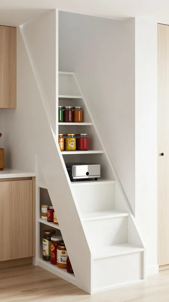 A high-quality, realistic photo of a brilliant space-saving pull-out pantry staircase seamlessly integrated into a bright, modern tiny home kitchen. The staircase's risers are cleverly designed as deep, extendable pantry shelves with smooth, matte white painted wood fronts. One of the lower steps is partially pulled out, revealing an immaculately organized collection of colorful spice jars, various canned goods, and a compact, chrome-finished small appliance nestled within. The surrounding kitchen is minimalist with light wood cabinetry and a clean white countertop, emphasizing the staircase's innovative dual function. Natural light floods the scene, highlighting the sleek lines and practical design.