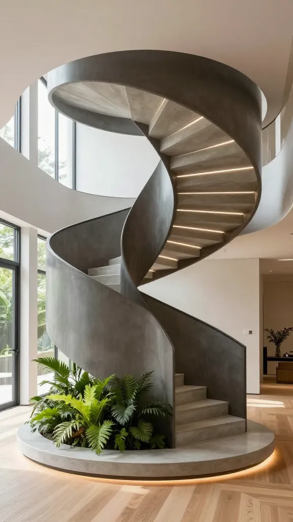 An eye-level, professional architectural photograph showcasing a breathtaking, space-saving sculptural central staircase in a modern, open-plan tiny home. The staircase features a dramatic, sweeping curved cantilever design with smooth polished concrete treads, supported by a sleek dark steel spine that doubles as a minimalist railing. At its base, an integrated, custom-built planter overflows with vibrant, lush green foliage, blurring the lines between architecture and nature. The staircase is the absolute focal point, illuminated by abundant natural light streaming from large windows and subtle, integrated LED strip lighting accentuating its unique form. The surrounding interior is minimalist with light walls and warm wood flooring, allowing the staircase to command full attention.