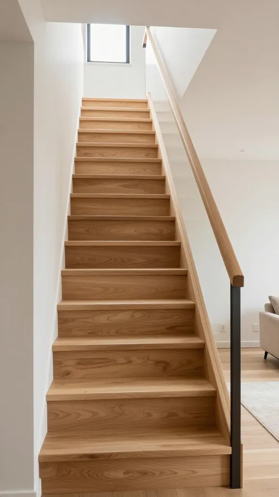 A professional, eye-level photograph capturing a meticulously designed, space-saving ladder-style staircase in a bright, modern tiny home interior. The staircase ascends steeply, almost vertically, crafted from robust, light-toned hardwood (e.g., natural maple or ash) with wide, sturdy treads that offer comfortable footing. A sleek, seamlessly integrated handrail, matching the wood of the treads or subtly crafted from a dark, matte metal, is built directly into the structure, providing a secure and elegant guide. The staircase leads upwards to a minimalist loft space, its compact footprint clearly visible within the thoughtfully designed, uncluttered living area below. Soft, natural light illuminates the scene from a nearby window, emphasizing the textures of the wood and the clean lines of the design. The overall aesthetic is functional, refined, and highly space-efficient. High resolution, sharp focus, realistic details, no text.