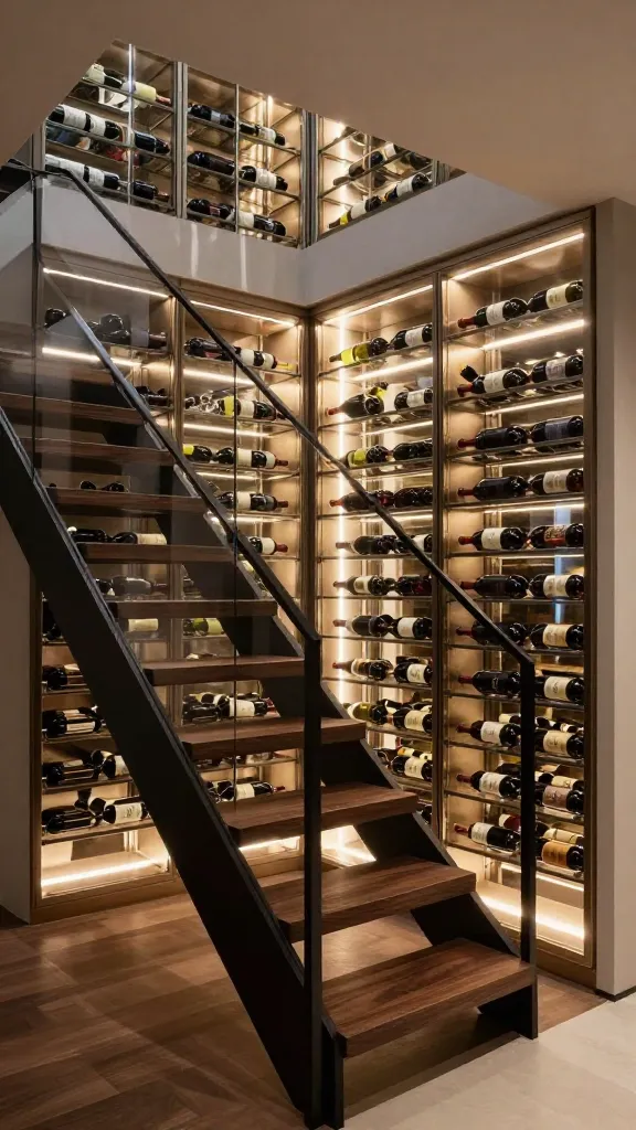 A realistic, high-quality photograph of a sophisticated, space-saving staircase integrated into a modern home interior. The main subject is a sleek, dark wood staircase with minimalist black metal railings. Beneath the ascending steps, the entire under-stair space is ingeniously transformed into a climate-controlled, glass-enclosed wine cellar. Rows of wine bottles are meticulously arranged within the illuminated, transparent display, creating a stunning wine wall that glows softly. The rich tones of the dark wood and the gleaming glass and metal accents convey a sense of understated luxury and clever functionality. The perspective clearly showcases both the architectural design of the staircase and the integrated wine collection. No text.