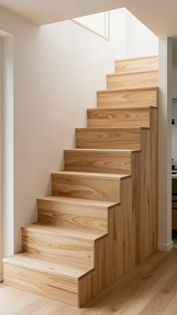 A high-quality, realistic interior photograph capturing a stunning, space-saving modular staircase in a modern tiny home. The staircase is meticulously crafted from stacked, interlocking natural plywood modules, forming a distinctive geometric pattern. Its open design allows abundant natural light to filter through, creating a bright and airy atmosphere that prevents the compact living area from feeling heavy. The warm, light-toned plywood exudes a clean Scandinavian aesthetic, seamlessly integrating into the minimalist decor of the functional and stylish space. Soft shadows highlight the intricate construction details of the plywood.
