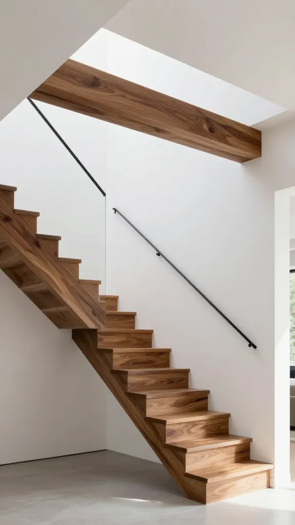 A realistic, high-quality interior design photograph capturing a striking cantilevered wood beam staircase in a contemporary, sunlit home. Thick, robust beams of rich walnut wood extend directly from a pristine white wall, appearing to defy gravity with no visible risers or supports underneath. The staircase forms a clean, powerful architectural line, making a bold statement while preserving an open, airy feel in the space. A minimalist, thin black metal handrail is subtly integrated along the wall for safety. Natural light floods the scene, emphasizing the elegant strength of the design and casting soft shadows that highlight its three-dimensionality. The surrounding decor is understated, allowing the staircase to be the undeniable focal point, showcasing its space-saving ingenuity.