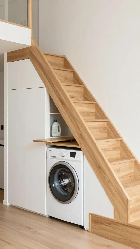 A high-quality, realistic photograph captures a clever space-saving design in a modern tiny home. A substantial, light-toned wooden staircase with wide, shallow steps seamlessly integrates into an open-plan living space. Below the mid-section of the staircase, a sleek, handle-less white cabinetry unit, designed to match the surrounding decor, is partially open. Inside, a compact, vertically stacked white washer and dryer are visible, flanked by a small, pull-out wooden folding counter and a hidden shelf containing laundry detergents. Soft, natural light illuminates the clean, minimalist interior, highlighting the ingenious hidden laundry nook. No text on image.