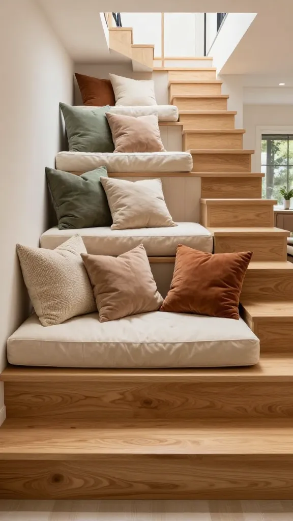 A high-quality, realistic photo capturing an innovative space-saving staircase design in a modern, well-lit tiny home. The lower three steps of the staircase are significantly extended, extra wide, and deep, transforming into a luxurious, built-in conversation pit that seamlessly integrates into the main living space. The base structure of these multi-functional steps is crafted from warm, natural light oak wood, supporting thick, plush, cream-colored upholstered cushions that create inviting seating. A generous arrangement of textured throw pillows in muted, earthy tones (soft sage green, warm beige, subtle terracotta) are artfully placed, enhancing comfort and style. The staircase continues to ascend gracefully in the background, hinting at the compact multi-level layout of the tiny home. Bright natural light streams in, highlighting the cozy textures and the clever functionality of the design. No text.