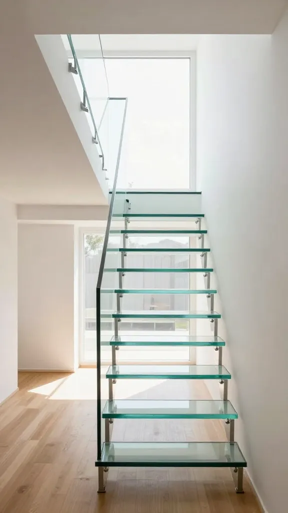 A high-resolution, professional architectural photograph of a minimalist transparent glass tread staircase in a bright, modern tiny home. The staircase features thick, frosted tempered glass steps supported by slender, almost invisible steel beams, creating an incredibly airy and open feel. Natural light streams through a large window, flooding the entire space and passing effortlessly through the glass treads, making the staircase appear to almost disappear into the light. The interior is clean, uncluttered, and features warm wood floors and white walls, emphasizing the staircase's modern elegance and space-saving design. The perspective captures the staircase from a slight upward angle, showcasing its transparency and the light it allows to penetrate the lower level.