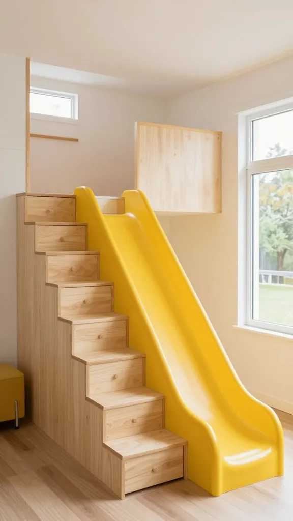 A high-angle, wide shot inside a bright, modern tiny home, showcasing a clever space-saving staircase design. On one side, compact, built-in stairs crafted from light, painted plywood ascend to a loft level, with discreet pull-out storage drawers integrated into the risers. Adjacent to the stairs, a smooth, gentle slide, made from cheerful yellow laminate, curves gracefully down, inviting a playful descent. The surrounding interior features clean lines, minimalist decor, and natural light streaming in from a large window. The overall palette is vibrant and inviting, with pops of primary colors against a neutral backdrop, emphasizing a fun, family-friendly atmosphere. No text.