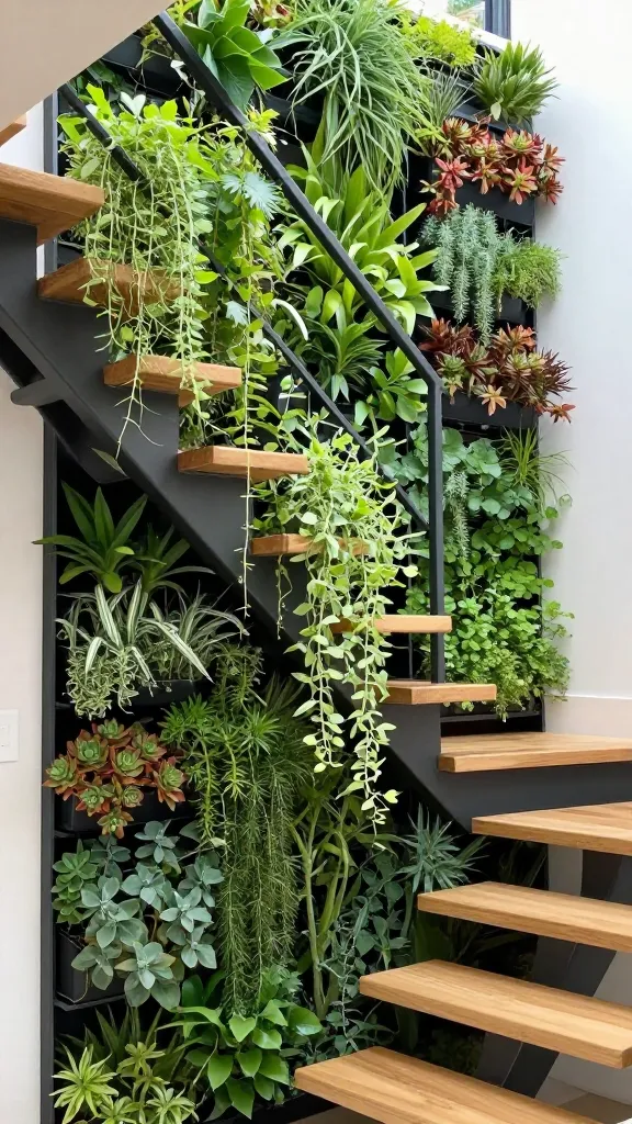 A high-quality, realistic photo of a space-saving staircase in a modern tiny home. The staircase functions as a living, breathing feature wall, with a seamlessly integrated vertical garden system built directly into its side. Lush greenery, including delicate trailing vines, vibrant succulents, and fragrant herbs, cascades gracefully from the integrated planters. The staircase structure is crafted from natural light-toned wood, complemented by sleek, dark metal frames that elegantly support the vertical garden system. Bright, diffused natural light illuminates the scene, emphasizing the rich textures of the foliage against the warm wood and cool metal.