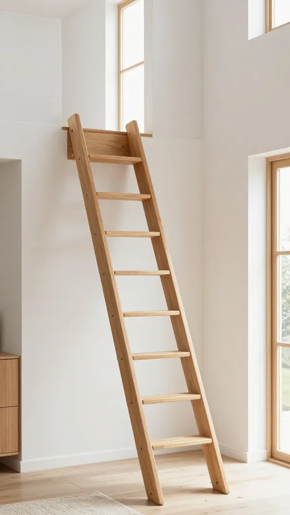 A high-quality, realistic photograph of a modern fold-away ladder staircase in a minimalist tiny home. The sturdy, light-toned wooden ladder is captured mid-operation, smoothly extending downwards from a discreet wall panel, revealing a clever, counterbalanced mechanism. The top of the ladder hints at access to a bright, airy loft sleeping area above. The surrounding interior features clean white walls, natural wood accents, and abundant natural light streaming in from a large window, creating a serene and spacious feel. The overall aesthetic is functional, elegant, and space-efficient.