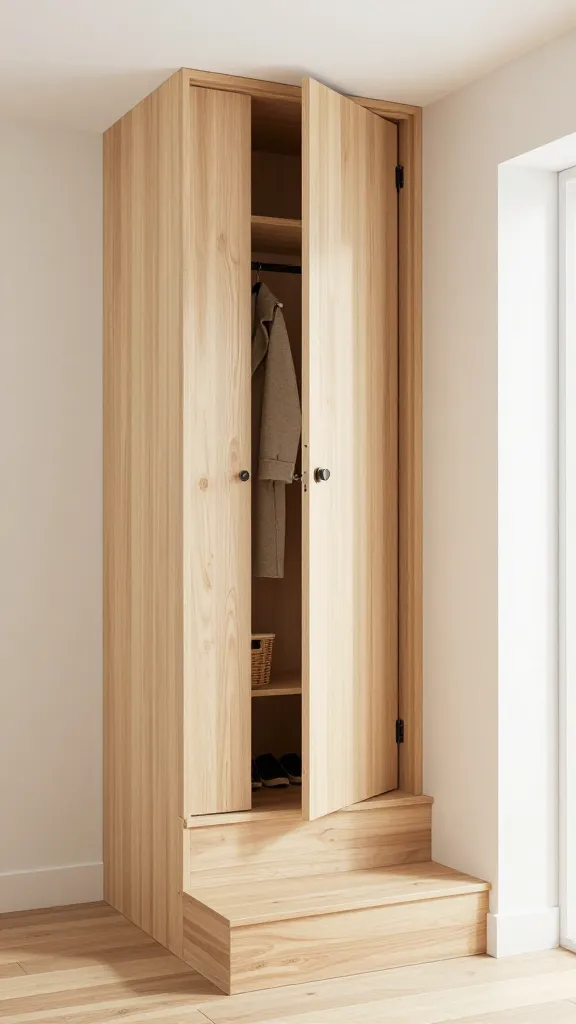 Mid-level eye-level shot capturing a minimalist, space-saving staircase in a modern tiny home entryway. Beneath the light-toned wooden stairs, a cleverly integrated under-stair mudroom/closet is visible. The exterior of this functional unit features seamless, light-colored slat wood panels that blend perfectly with the adjacent wall, creating a clean, uncluttered look. One of the panels is slightly ajar, revealing a glimpse of an organized interior fitted with a hanging rod holding a single, neatly hung coat, a small shelf with a woven storage basket, and the edge of a compact built-in bench for taking off shoes. Natural light streams in from an unseen window, highlighting the texture of the wood and the tidy, functional design.