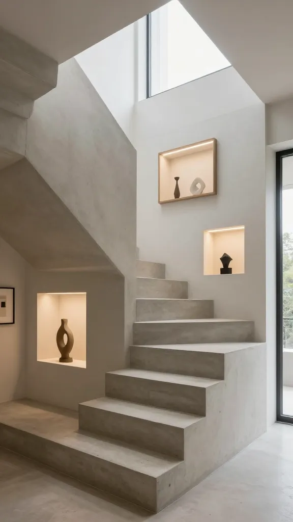 A high-quality, realistic photograph capturing a modern, space-saving staircase crafted from smooth, neutral-toned concrete, seamlessly integrated into a bright, minimalist tiny home interior. The risers and the adjacent side wall of the staircase feature meticulously designed, subtly backlit niches and ledges, transforming the ascent into a dynamic art gallery. These integrated displays showcase a curated collection of small, contemporary abstract sculptures and framed minimalist photographs, with some sculptures emitting a soft, warm glow from within their individual niches. The entire art installation is bathed in a harmonious blend of crisp natural light streaming from a nearby window and strategic accent lighting, emphasizing the artistic details. No text.