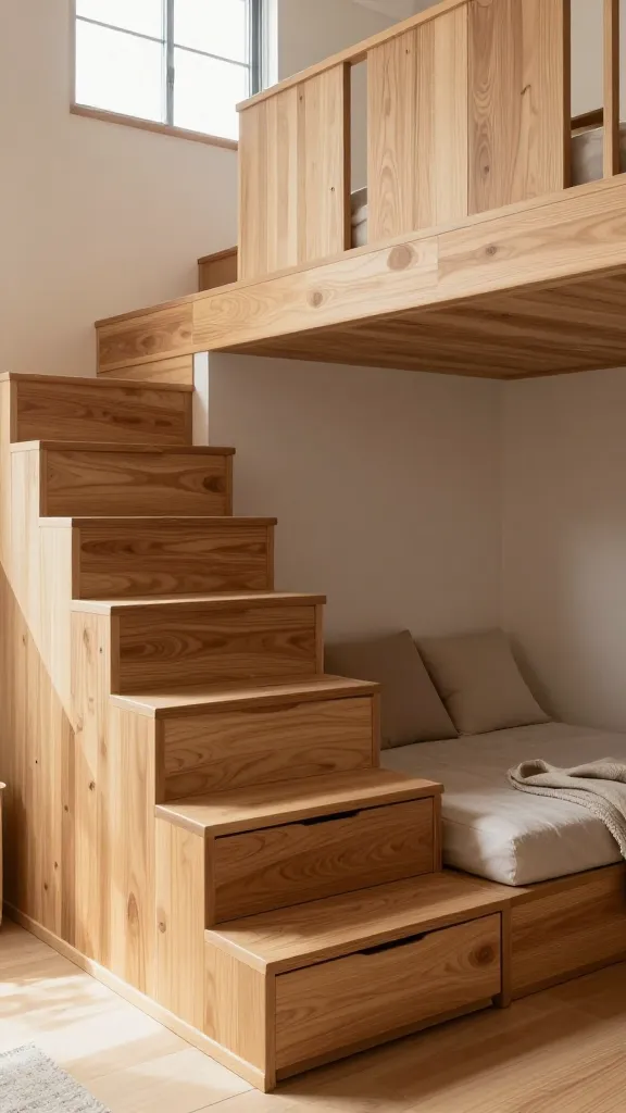 A realistic, high-quality, well-lit photo from an interior design magazine. The main subject is an innovative multi-level platform staircase made of warm, light-toned plywood, seamlessly integrated into a bright, modern tiny home. The varying height platforms serve as both steps leading to an upper level and versatile living zones. Visible features include deep, integrated pull-out drawers and discreet lift-up storage sections. One of the lower platforms is thoughtfully designed as a cozy reading nook or daybed, complete with a minimalist cushion and a soft throw. The design reflects a Japanese-inspired aesthetic with clean lines and a strong emphasis on space-saving functionality, creating an inviting and highly efficient living environment. Natural light streams in from a nearby window, highlighting the wood grain.