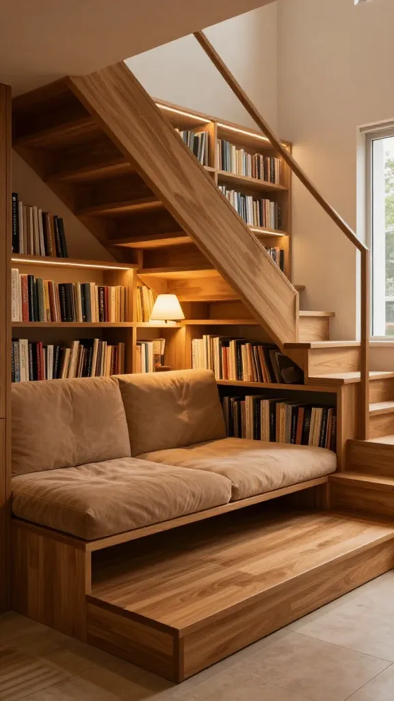 A realistic, high-quality photograph from a slightly elevated eye-level perspective, showcasing a clever space-saving staircase designed as a cozy reading nook in a modern, warm-toned interior. The lower steps are notably extra wide and deep, forming a built-in, plush cushioned bench upholstered in a soft, inviting textile in a warm, earthy tone. Adjacent to and underneath these steps are integrated bookshelves, neatly filled with books. Soft ambient lighting emanates from hidden LED strips and a strategically placed, warm-toned reading lamp, creating a snug atmosphere. The staircase structure and steps are crafted from beautiful, warm wooden tones, enhancing the sense of ultimate comfort and relaxation. The overall scene exudes an inviting, quiet elegance, emphasizing the functional and aesthetic integration of the reading space. No text on image.