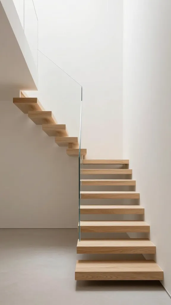 A high-angle, realistic photo of a stunning floating minimalist staircase in a compact, modern living space. Light-colored wooden treads extend directly from a pristine, off-white wall, appearing to defy gravity with no visible support or risers, creating open space between each step. A single, sleek, frameless glass panel acts as a subtle railing, preserving the clean lines and airy aesthetic. Soft natural light illuminates the staircase and the surrounding minimalist decor, emphasizing the illusion of expansive openness and making the small room feel significantly larger. The focus is on the architectural lightness and sophisticated design of the staircase.