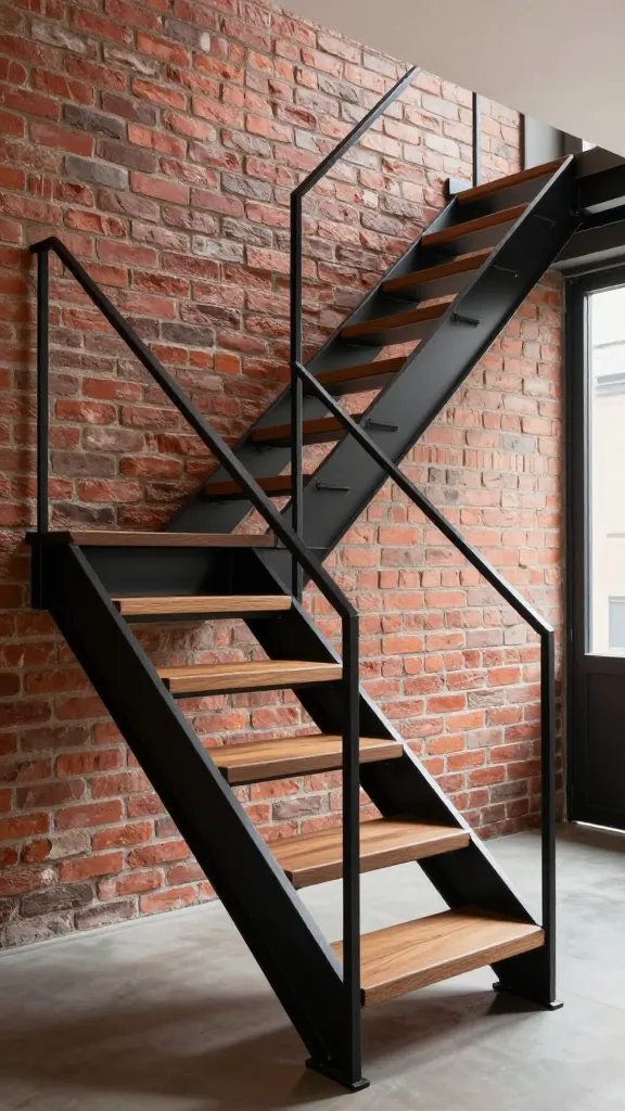 A high-quality, realistic photograph of a compact, industrial chic small space staircase. The staircase features a sleek matte black steel frame and minimalist railing, perfectly complemented by warm, natural dark wood treads. It ascends against a textured exposed red brick wall, which serves as a dramatic backdrop. Natural light streams in from an unseen window, highlighting the rugged textures of the brick and the smooth finish of the wood and steel, casting subtle shadows that enhance its bold and refined urban aesthetic. The design is sophisticated, clean, and embodies a high-end loft apartment feel, integrated seamlessly into a modern, minimalist interior. The focus is sharp on the staircase, showcasing its detailed craftsmanship and the interplay of materials.