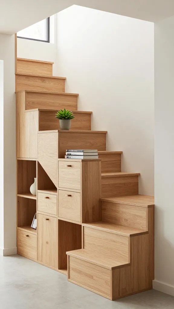 A high-quality, realistic photograph capturing a modern, space-saving staircase in a bright, minimalist home interior. The staircase, crafted from light oak wood with clean, sharp lines, features an ingenious "puzzle box" design where storage is seamlessly integrated into its risers and under-stair space. It showcases a diverse array of handle-free, push-to-open drawers and cabinets of various sizes, interspersed with open display shelves. On these open shelves, a few carefully curated items are artfully arranged: a small stack of design books, a vibrant green potted succulent, and a minimalist ceramic vase. Soft, natural light streams in from a large, unseen window, illuminating the clever functionality and polished finish of the staircase. The surrounding walls are painted a calm, off-white, emphasizing the staircase as a stylish and highly functional architectural centerpiece.