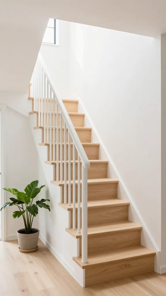 A realistic, high-quality photograph showcasing a stylish small space Scandinavian staircase within a bright, airy modern home. The staircase features smooth, pale blonde birch wood treads and risers, accented by minimalist thin white vertical balusters and a simple, matching white handrail. The design emphasizes clean lines, functionality, and a serene aesthetic. Abundant natural light floods the scene, highlighting the natural textures and light color palette. At the base of the staircase, an elegant potted plant with vibrant green foliage adds a subtle touch of organic warmth. The overall ambiance is one of peaceful comfort and understated elegance, capturing a 'breath of fresh air' feeling. Shot from a slightly elevated eye-level perspective, with sharp focus and natural lighting.