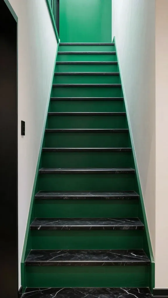 A high-quality, realistic photo of a small, elegant staircase in a modern, compact interior. The staircase risers are painted a deep, lustrous emerald green, creating a bold, jewel-toned statement that acts as a vertical art installation. The treads are made of contrasting polished black marble. A sleek, minimalist black metal railing is barely visible, allowing the vibrant green risers to be the absolute focal point. The surrounding small space is sophisticated and well-lit, emphasizing the staircase's unexpected glamour and luxurious appeal. No text on images.