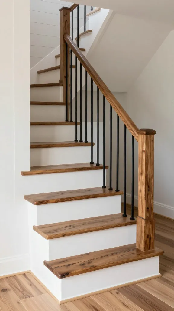 A high-quality, realistic photograph of a small, space-efficient modern farmhouse staircase. The staircase features rich, characterful reclaimed wood treads with prominent grain and natural imperfections, perfectly contrasted by crisp, matte white painted risers. Simple, slender matte black metal balusters rise to a matching dark wood handrail. The surrounding space embodies modern farmhouse charm, with light neutral walls, possibly a subtle shiplap accent, and wide plank wood flooring. Soft, natural light illuminates the inviting scene, highlighting the blend of rustic warmth and clean contemporary lines. The overall ambiance is cozy, chic, and welcoming, evoking a sense of history and comfort.