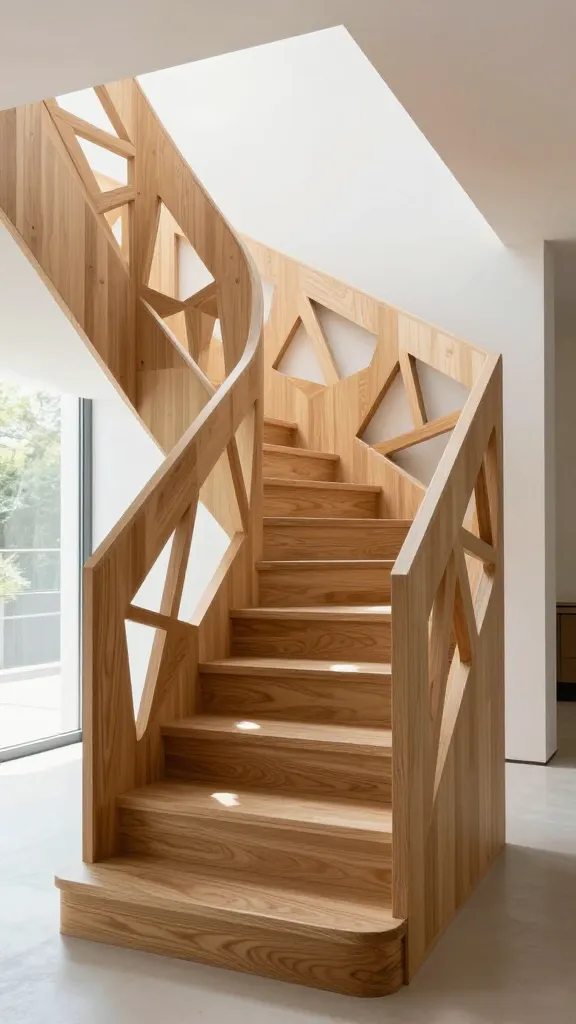 An architectural eye-level photograph of a modern small space staircase, designed as a geometric plywood sculpture, integrated into a bright, minimalist interior. The staircase features layered plywood treads and risers, with their visible edge grain beautifully highlighted by a light, natural finish. Its balustrade and railing are intricately crafted with sharp angles and unexpected forms, incorporating complex geometric cutouts that create a dynamic visual pattern. Sunlight from a large window illuminates the staircase, emphasizing its sculptural quality and casting subtle shadows that define its layers and forms. The surrounding space is clean and contemporary, with a focus on natural light and understated elegance, allowing the plywood masterpiece to be the striking focal point. Realistic, high-quality photo, no text.