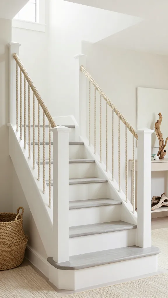 A high-resolution, realistic photograph of an elegant, small coastal chic staircase. The stairs feature smooth, whitewashed light grey wood treads and risers. A sturdy, natural manila rope railing is neatly threaded through simple, minimalist white wooden posts, curving gently with the staircase. The space is bathed in bright, soft natural light streaming from an unseen window, creating a serene and breezy atmosphere. Adjacent to the staircase, a large, textured woven basket rests on a light-colored natural fiber rug. Subtle beach-inspired decor, such as a small cluster of polished sea glass or a piece of artfully arranged driftwood, is visible on a nearby console table or wall shelf. The walls are painted in a soft, off-white or very light beige, enhancing the laid-back, sophisticated seaside vibe. Professional interior design photography, no text.