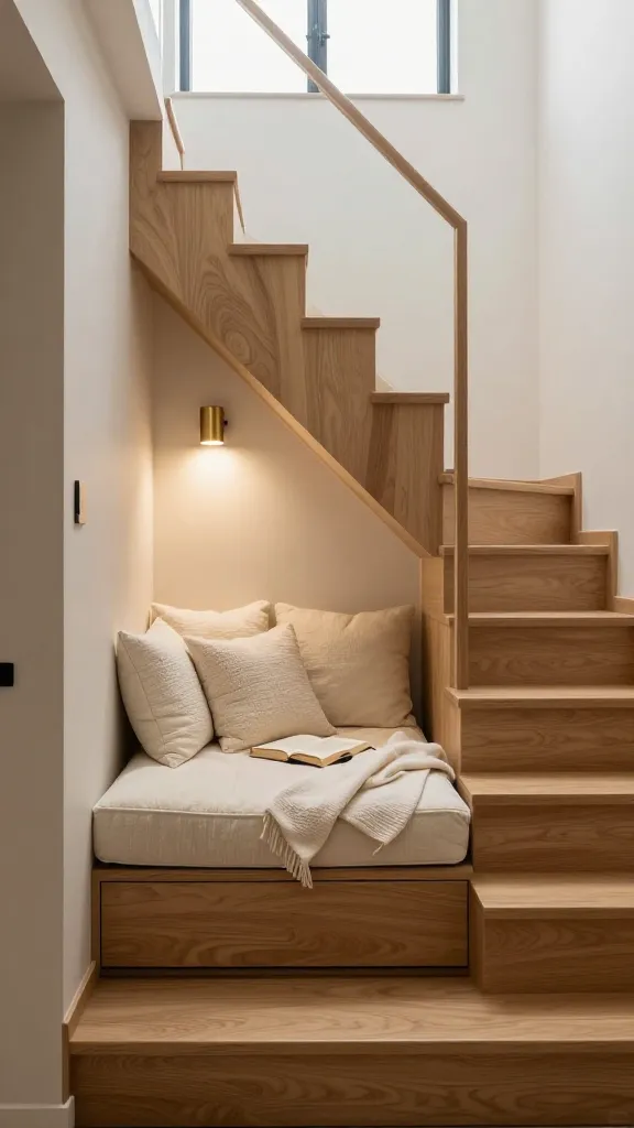 A high-quality, realistic photo of a stylish, small space interior featuring a modern, light-toned wooden staircase with open risers. Nestled perfectly beneath the lowest steps of the staircase is a beautifully integrated, built-in reading nook. The nook features a comfortable bench upholstered with plush, textured cream cushions and a matching throw blanket draped invitingly. Subtle, hidden storage drawers are visible beneath the bench. A wall-mounted, minimalist brass sconce provides warm ambient light, complementing the natural light streaming in from a nearby window. A single open book rests on the cushion, inviting relaxation. The surrounding walls are painted in a soft, neutral tone, enhancing the cozy and functional 'extra room' feel. The overall aesthetic is clean, warm, and highly functional, showcasing clever small-space design.
