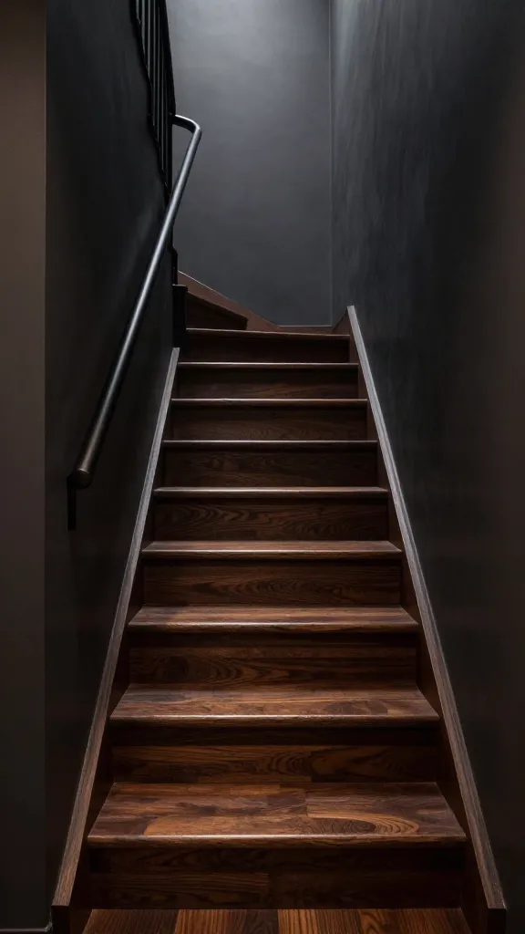 A high-quality, realistic photograph captures a small, compact staircase exuding dramatic sophistication. The stairs feature deep espresso-stained oak treads and matching dark risers, creating a seamless, rich, and luxurious focal point. A sleek, minimalist black metal railing provides a clean line against the deep, moody charcoal grey walls that envelop the space. Soft, warm ambient lighting from a hidden source casts subtle shadows, highlighting the wood's texture and adding depth, evoking the intimate feel of a secret library in a grand manor. The overall atmosphere is dark, powerful, and deeply luxurious. No people, no text.