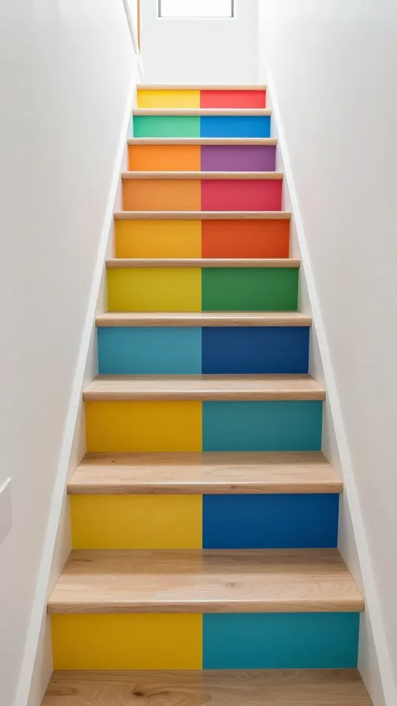 A realistic, high-quality photo capturing a compact, modern staircase within a bright, minimalist home interior. The treads are crafted from light, natural wood, providing a clean and neutral foundation. Each riser is vividly painted with a segment of a cheerful, geometric pattern, collectively forming a striking, hand-painted mural effect that transitions through a vibrant rainbow-like gradient of primary and secondary colors as it ascends. Bright, natural light floods the scene, accentuating the bold, playful personality and stylish visual pop of the colorful risers.