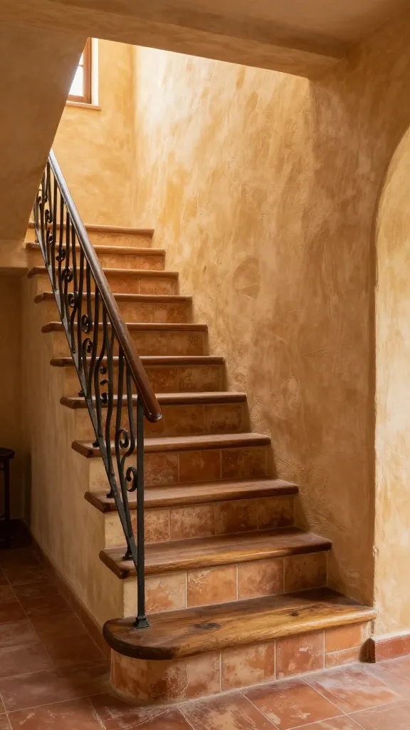 A high-quality, realistic photograph of a small space staircase within a sun-drenched Mediterranean villa. The staircase risers are crafted from warm, earthy terracotta tiles featuring a subtle, faded pattern, paired with rough-hewn wood treads in a rich, medium-dark stain. A simple, elegant wrought-iron railing with graceful, flowing curves provides support. Soft, golden hour sunlight bathes the scene, streaming in from an unseen window and illuminating the textured, warm-toned plaster walls surrounding the staircase. The ambiance is cozy, inviting, and steeped in old-world rustic charm and a sense of history. Photorealistic, detailed, no text.