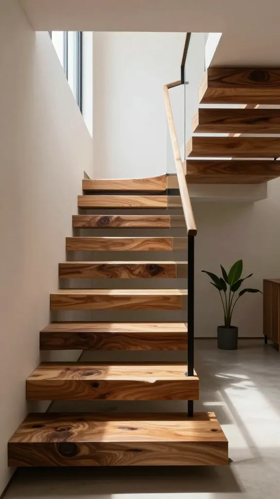 A professional, high-resolution photograph capturing a modern, minimalist small space interior featuring a striking live-edge staircase. The staircase ascends gracefully, composed of thick, polished live-edge walnut wood slabs serving as individual treads, each displaying its unique organic shape, knots, and rich grain patterns. These natural wood steps are cantilevered from or minimally supported by slim, matte black steel stringers, which are subtly integrated to emphasize the floating appearance of the wood. The design intentionally omits risers, creating an open, airy feel that maximizes the perception of space in the compact area. Soft, directional natural light streams in from a nearby window, casting gentle shadows and accentuating the texture and warmth of the wood. The surrounding walls are painted in a neutral, light tone, with a simple, tall green plant placed near the base of the stairs, enhancing the organic aesthetic. The image is sharply focused, with realistic colors and exquisite detail, showcasing the blend of raw nature and modern design.
