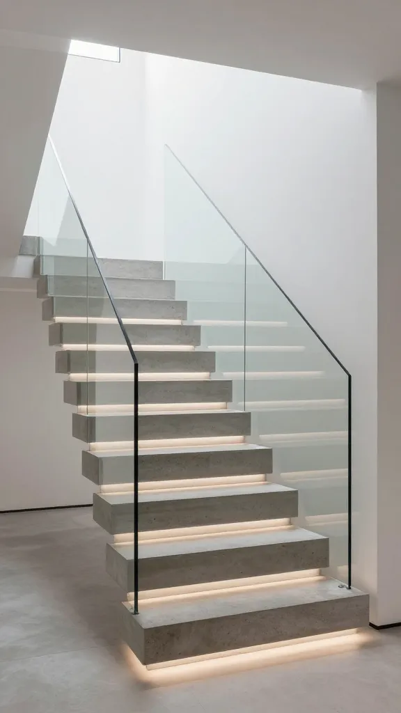 A high-quality, realistic photo of a sleek, contemporary small space staircase. The staircase features solid, polished raw concrete treads that appear to float, paired with a clear tempered glass railing that provides an unobstructed view. Minimalist LED strip lighting is subtly integrated into the underside of each step, casting a soft, architectural glow. The staircase is set within a bright, sophisticated urban loft interior with clean lines and a refined, minimalist aesthetic, making a bold yet light architectural statement. Shot with a wide-angle lens, sharp focus, and professional interior photography lighting.