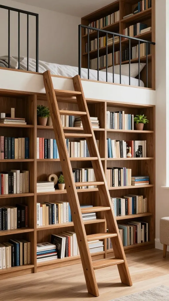 A high-resolution, realistic photograph showcasing a stylish, permanent library ladder in a small, modern living space. The ladder, crafted from beautiful warm oak wood with slender rungs, leans gracefully against a wall, leading up to a cozy, minimalist loft bedroom. A sleek, sturdy black metal rail is elegantly installed along the top edge of the loft opening, providing both stability and a contemporary touch. The ladder is seamlessly integrated into a floor-to-ceiling wall of built-in bookshelves, packed with an eclectic collection of books, decorative objects, and small potted plants, creating a whimsical yet sophisticated atmosphere. Soft, natural light streams in from an unseen window, highlighting the rich wood grain and the textured spines of the books. The overall aesthetic is a blend of modern design with a touch of bespoke charm, reminiscent of a contemporary Belle's study. No text.