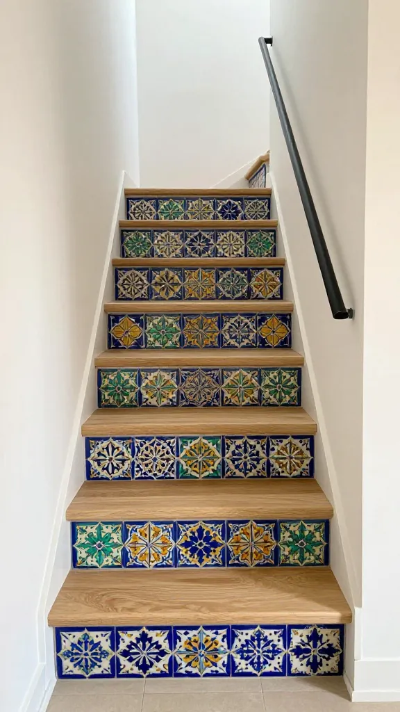A high-quality, realistic photograph of a stylish small space staircase in a contemporary home. The staircase features vibrant, intricately patterned Moroccan-style tile risers in shades of deep blue, emerald green, and golden ochre, creating a captivating visual display with a global flair. The treads are crafted from smooth, light-toned natural wood planks, providing a neutral and warm contrast to the patterned risers. A minimalist black metal handrail is subtly integrated along one side, maintaining an unobtrusive profile. The surrounding walls are painted in a soft, matte off-white, allowing the patterned risers to be the absolute focal point. Abundant natural light illuminates the scene, highlighting the textures and rich colors of the tiles and wood. No text.