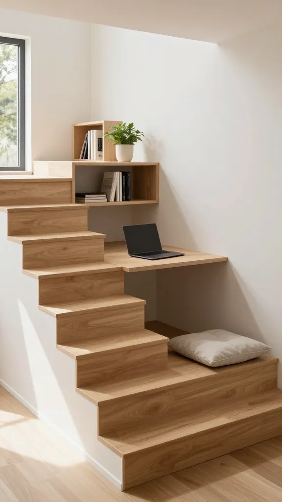 A high-angle, realistic, high-quality photograph captures a modern, minimalist small space staircase in a sunlit contemporary home. The staircase features several wider, deeper treads that ingeniously extend and cantilever to form a functional integrated desk surface on one level, complete with a sleek, open laptop, and a cozy reading nook/bench on another, adorned with a simple, comfortable cushion. Seamlessly integrated open cubby shelving is built directly into the stair structure beneath the extended treads, holding a few carefully placed books and a small potted plant. The design emphasizes clean lines, utilizing light-colored wood (like light oak or birch) for the treads and a contrasting matte white finish for the risers and surrounding wall, enhancing the sense of space and light. Natural light streams in from a nearby window, highlighting the smart, multifunctional design. No text on image.