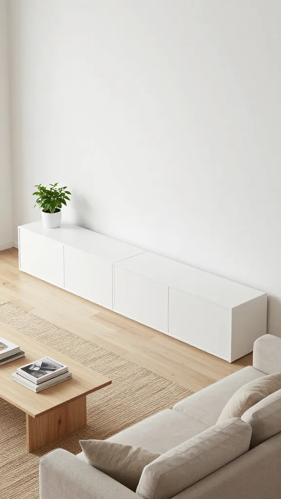A high-angle, eye-level, wide shot of a serene and expansive Scandi-minimalist living room, bathed in soft, bright natural light. The focal point is a pristine white IKEA BESTÅ storage combination, featuring sleek, handle-less push-open doors, stretching along a clean white wall, acting as both a media console and hidden storage. Adjacent sits a simple, light beige fabric sofa, adorned with two subtle, neutral-toned throw pillows. A large, natural fiber jute rug grounds the seating area. The room features light wood flooring. Decor is minimal and deliberate: a single small, healthy green plant in a white ceramic pot on the BESTÅ unit, and a couple of artfully stacked books on a low, light wood coffee table in front of the sofa. The overall aesthetic is incredibly tidy, calm, and airy, emphasizing clean lines and a pristine white and light wood palette, creating a zen-like atmosphere. Realistic, high-quality photo.