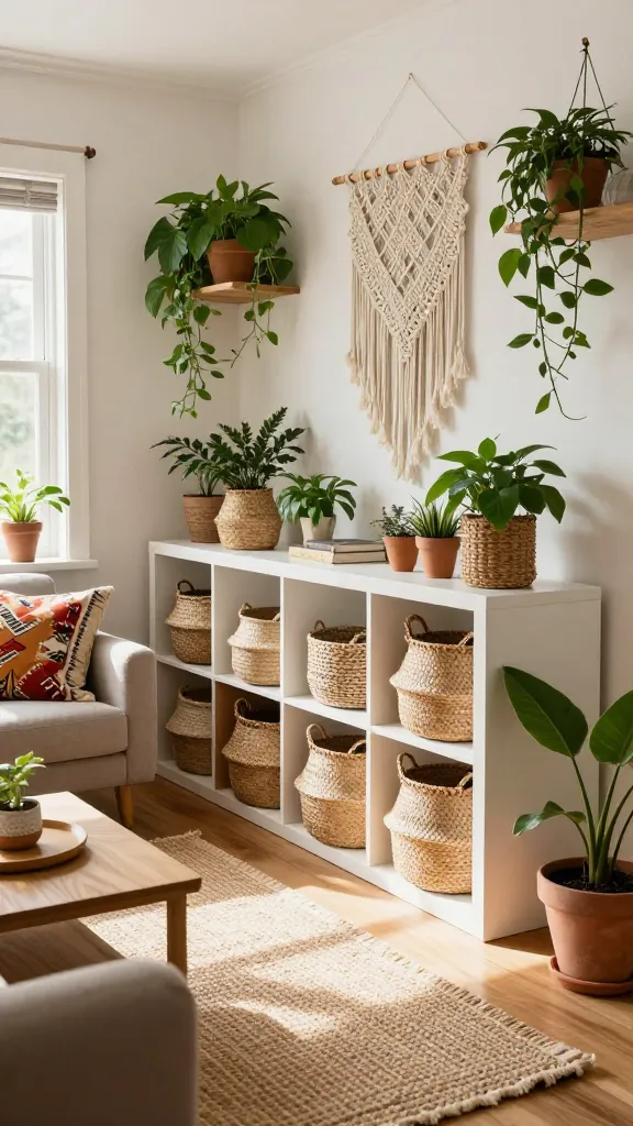 A sun-drenched, boho-chic living room designed as a cozy, free-spirited retreat. The focal point is a prominent Ikea KALLAX shelving unit, either white or light wood, integrated seamlessly into the space. Several compartments of the KALLAX are filled with natural woven baskets, resembling BRANÄS or GNABBAS, adding a relaxed, textural feel. The floor is adorned with layered jute rugs, creating a warm, earthy foundation. A large, intricate macrame wall hanging is suspended on a nearby wall. Lush green plants in various sizes and pots are strategically placed throughout the room, on shelves, hanging, and on the floor, bringing life and vibrancy. A comfortable sofa or armchair is visible, dressed with throw pillows in earthy tones and global-inspired patterns. Natural light streams in through a window, highlighting the textures of wood, woven materials, and textiles. The overall aesthetic is effortlessly cool, inviting, and wanderlust-inspired, captured in a realistic, high-quality photograph with excellent depth of field. No text.