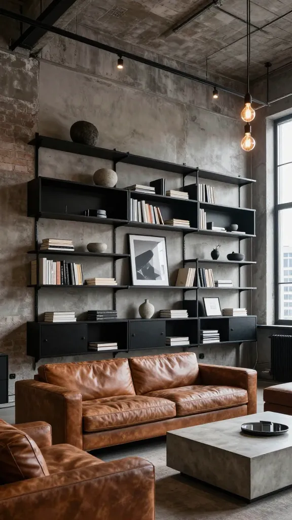 A wide-angle, realistic, high-quality photograph of a modern industrial loft living room, exuding a sophisticated urban edge. The main wall features a striking storage solution: black-brown IKEA KALLAX units are arranged horizontally and vertically, seamlessly integrated with a tall, dark metal IKEA FJÄLLBO shelving unit, creating an edgy contrast. The shelves are artfully styled with a mix of minimalist books, dark framed art, and raw concrete decorative accents. In the foreground, a low-slung, distressed leather sofa with clean lines grounds the space, facing a textured concrete coffee table. Overhead, exposed filament bulb pendant lights cast a warm, inviting glow, highlighting the high ceilings and a subtle exposed brick or concrete wall texture in the background. Large, dark-framed windows offer a glimpse of a city skyline. The overall atmosphere is raw, refined, and utterly cool. No text on image.