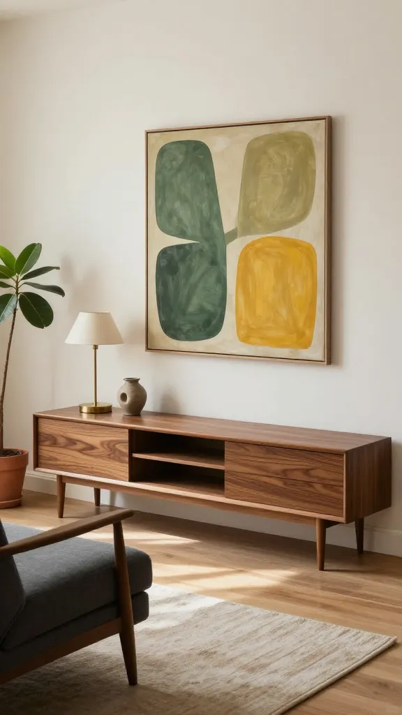 A realistic, high-quality photograph of a sophisticated Mid-Century Modern living room. The focal point is a low-slung IKEA BESTÅ TV bench arrangement, composed of two seamlessly joined units finished in a warm, rich walnut or teak veneer, elevated on elegant, slender tapered wooden legs that give it an authentic mid-century flair. Above the sleek, minimalist storage unit, a large abstract art piece features organic shapes in muted olive green and mustard yellow tones. To the left of the BESTÅ unit, a comfortable, low-profile armchair upholstered in charcoal grey fabric with visible wooden arms and tapered legs invites relaxation. On the surface of the BESTÅ bench, subtle styling includes a vintage-inspired table lamp with a brass base and a small, sculptural ceramic vase. A medium-sized, leafy houseplant in a simple terracotta pot adds a touch of natural vibrancy. The overall color palette is dominated by warm wood tones (walnut, teak), olive green, mustard yellow, and charcoal grey, creating a timeless and inviting atmosphere. Soft, natural light streams into the room, highlighting the textures and clean lines. No text.