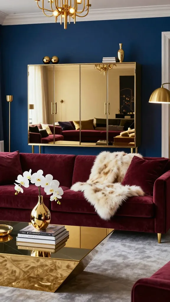 A high-quality, realistic photograph of an opulent living room designed with a glamorous gold and velvet statement. The focal point is an elevated Ikea BESTÅ cabinet system featuring sleek mirrored doors, adorned with elegant gold hardware and slender gold legs, positioned against a rich, deep sapphire blue accent wall. In front, a plush, oversized deep burgundy velvet sectional sofa is sumptuously draped with a creamy white faux fur throw. A modern, polished gold geometric coffee table sits on a soft, light grey area rug, displaying a stack of high-end design books and a delicate gold sculptural vase with fresh white orchids. Metallic gold accents are scattered throughout, including a tall, slender gold arc floor lamp, small gold decorative objects atop the BESTÅ unit, and a statement gold chandelier softly illuminating the room. The overall atmosphere is sophisticated and lavish, reminiscent of a high-end boutique hotel suite, with warm, inviting lighting. No text.